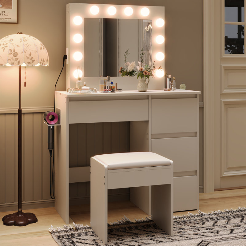 Table de coiffeuse à DEL avec 3 températures de couleur, grands tiroirs et station de charge
