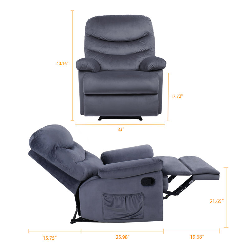 Fauteuil inclinable de cinéma maison manuel de 34 po de largeur, Gris / velours bleu