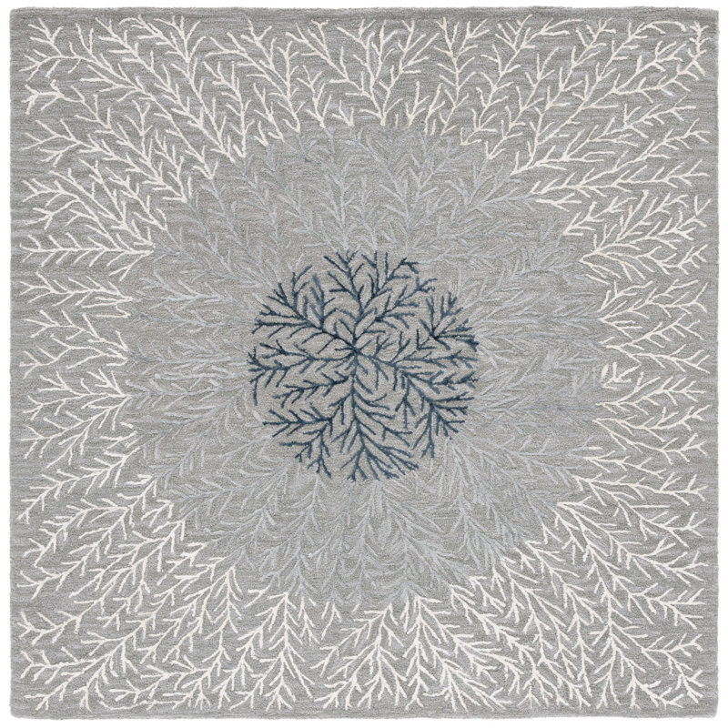 Soho Hand Tufted Wool/Cotton/Viscose Floral Rug in Ivory/Gray, Square 6'