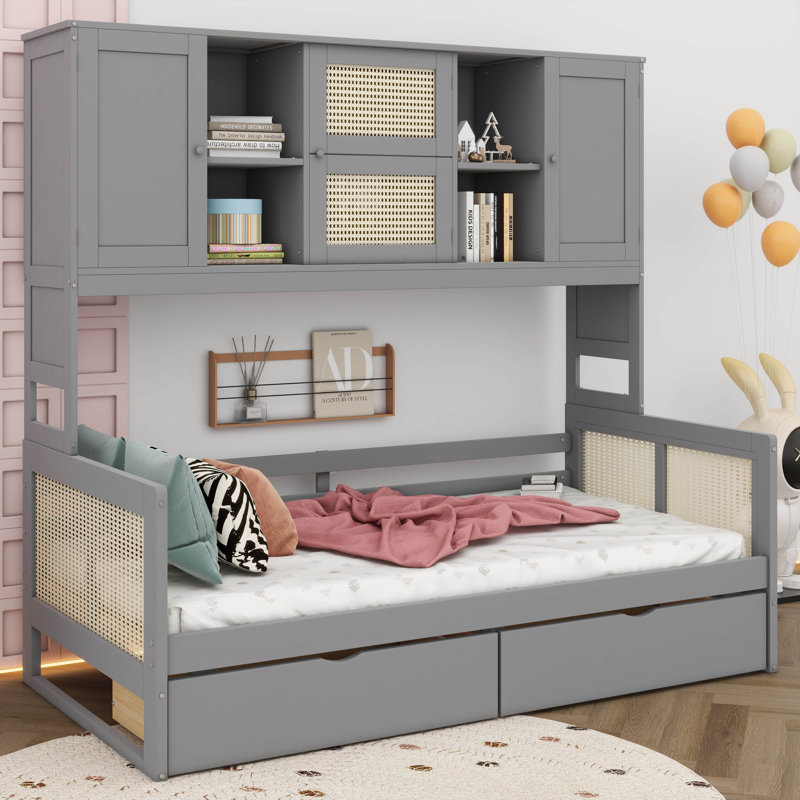 Lit de jour polyvalent en bois avec 2 tiroirs, une armoire et une tablette, Lit double, Gris