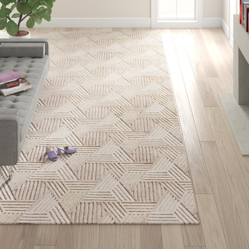 Tapis géométrique en laine avoine / ivoire touffeté à la main Lashawndra, Rectangle 5 pi x 7 pi 6 po