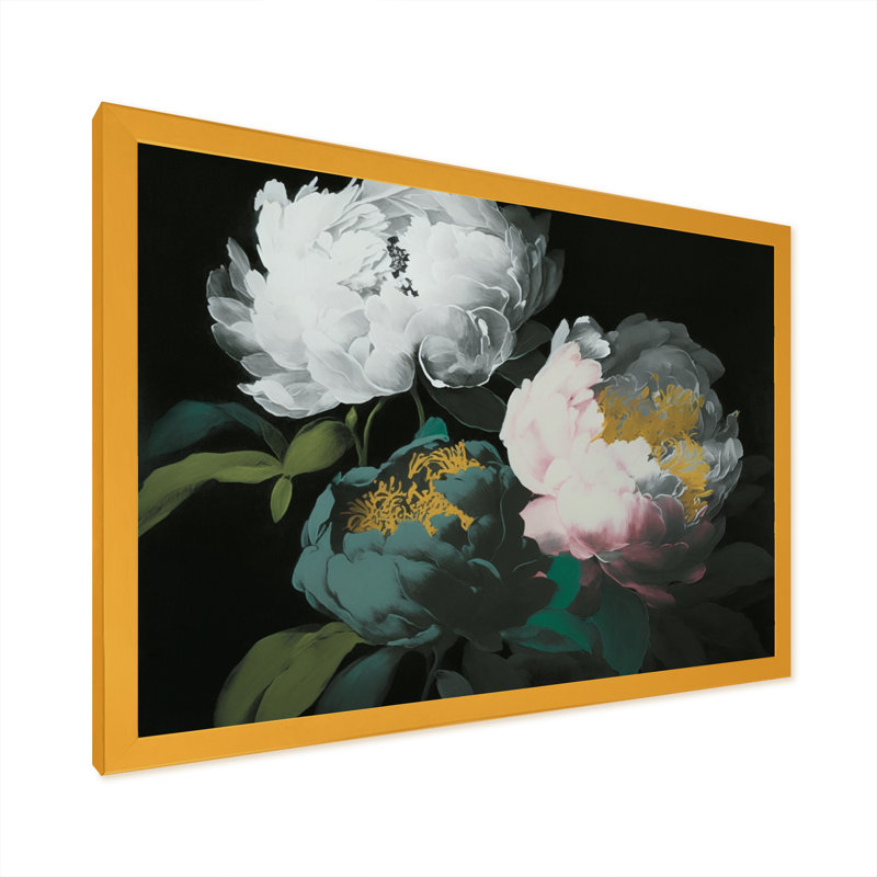 «White Blossoming Peony on Black II», reproduction sur toile, L 20 po x H 12 po, Toile avec cadre photo doré