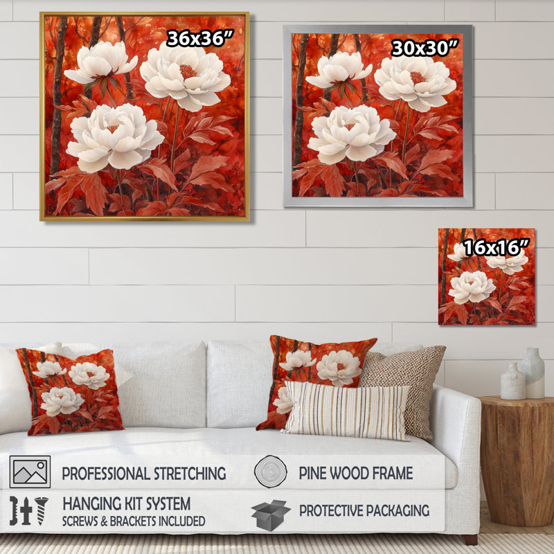 Pivoines et érable rouge - pivoines, art mural, Impression encadrée flottante, Noir, noir, noir, noir, H 16 po x l 16 po