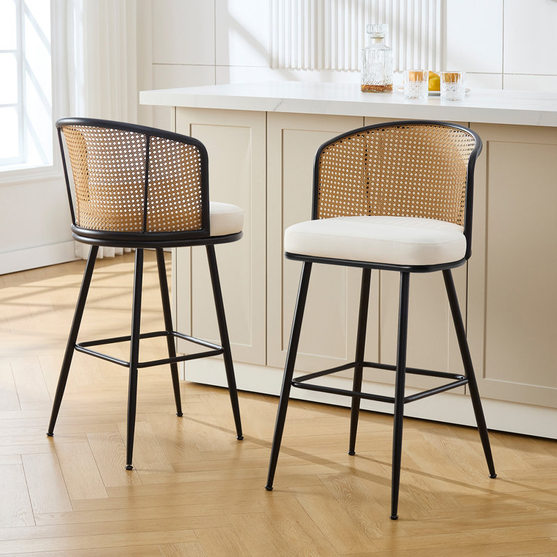 Cane Back Upholstered Stool, White, Bar Stool (29" Seat Height), 2
