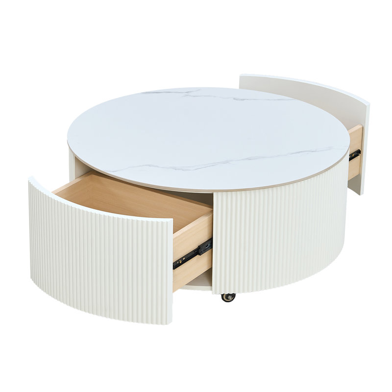 Table basse ronde moderne mobile avec roulettes (table incluse seulement), Blanc