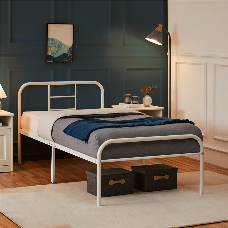 Metal-Framed Bed with High Headboard, White, Single (3')