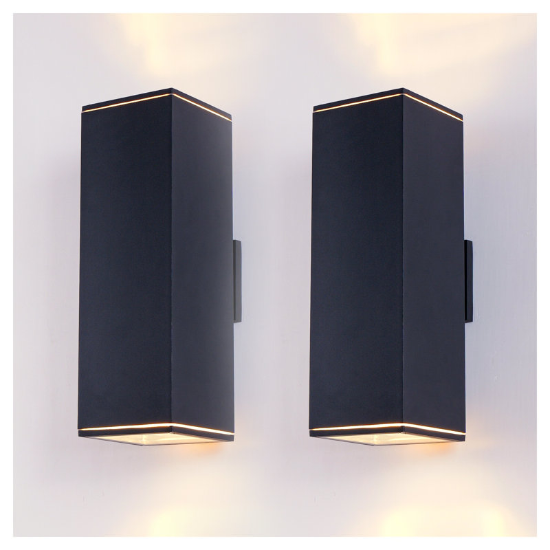 Modern Outdoor Wall Sconce Set of 2 - Matte Black Aluminum Porch Light with Dual Up/Down Lighting & Tempered Glass