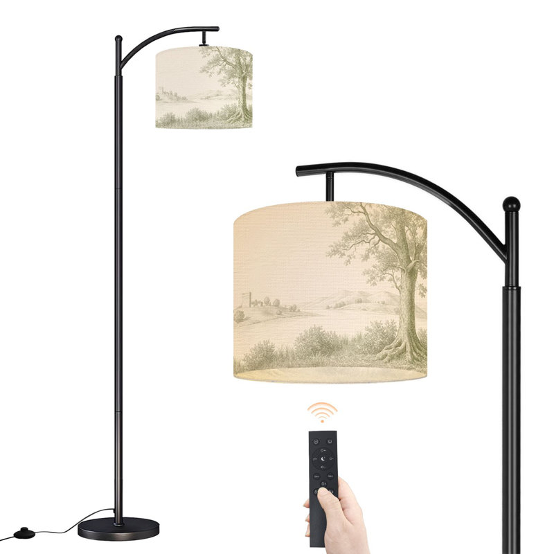 Arc Floor Lamp Serene Landscape Tree Castle Rolling Hills Vintage Sketch Style Floor Lamps with Remote LED Lights Adjustable Lamp Shades Tall Standing Lamps for Reading Office Living Room