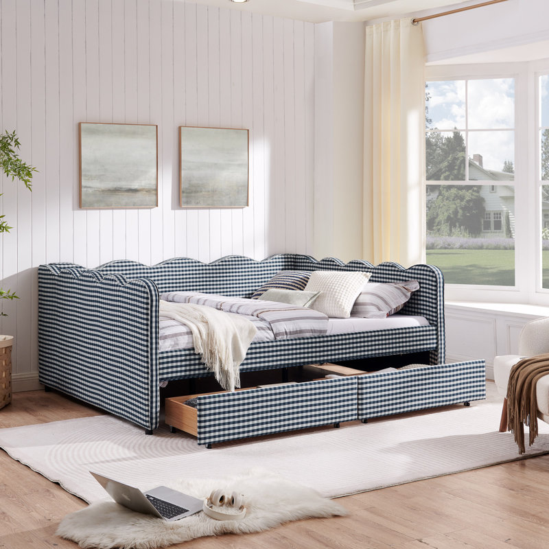Lit de jour confortable en vichy avec deux tiroirs de rangement, avec port USB et adorable tissu en forme de vague, Grand lit