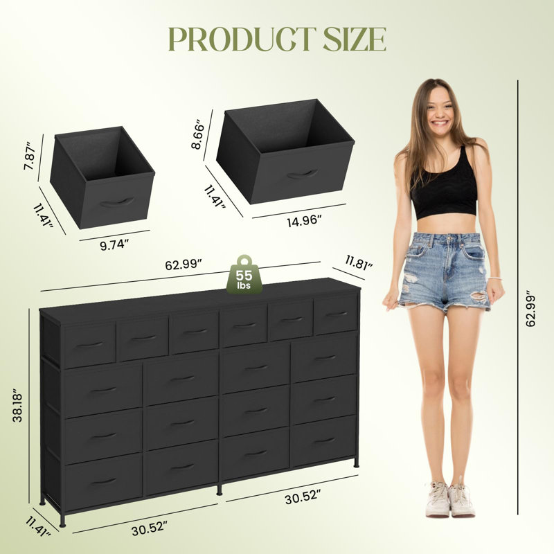 160 cm W Chest of 18 Drawers, Black