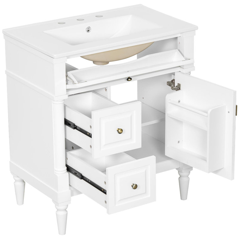 30" freestanding bathroom vanity with ceramic sink, White