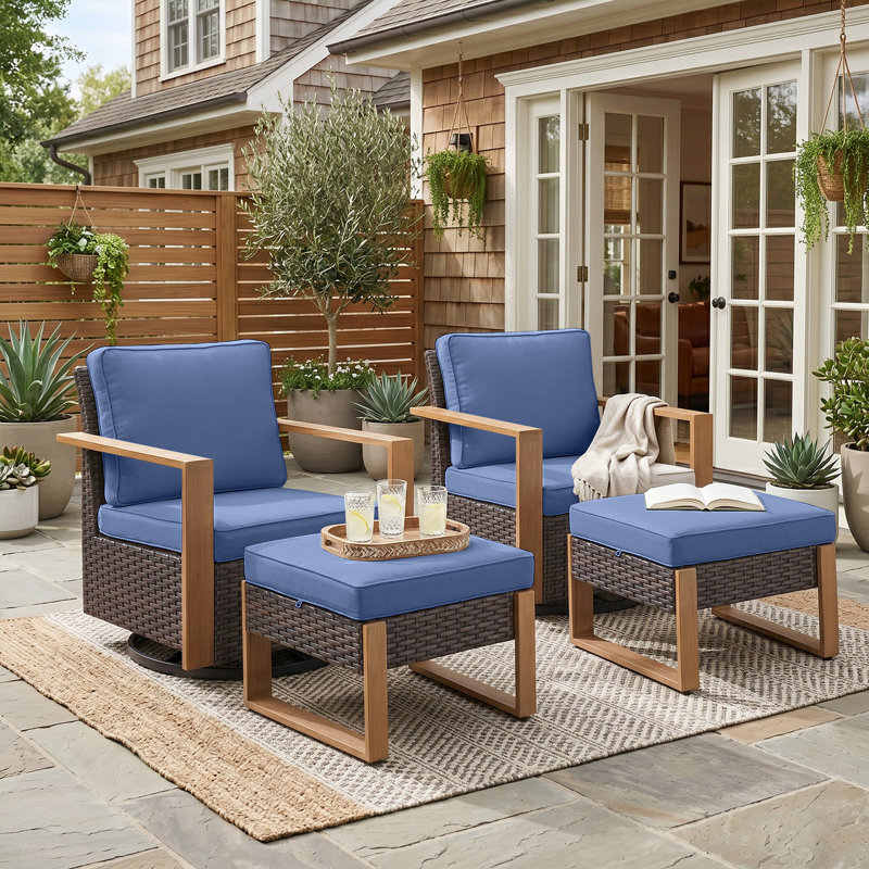 Ensemble de conversation d'extérieur 4 pièces avec chaises berçantes et repose-pieds en osier Twellwell, Bleu, Brun