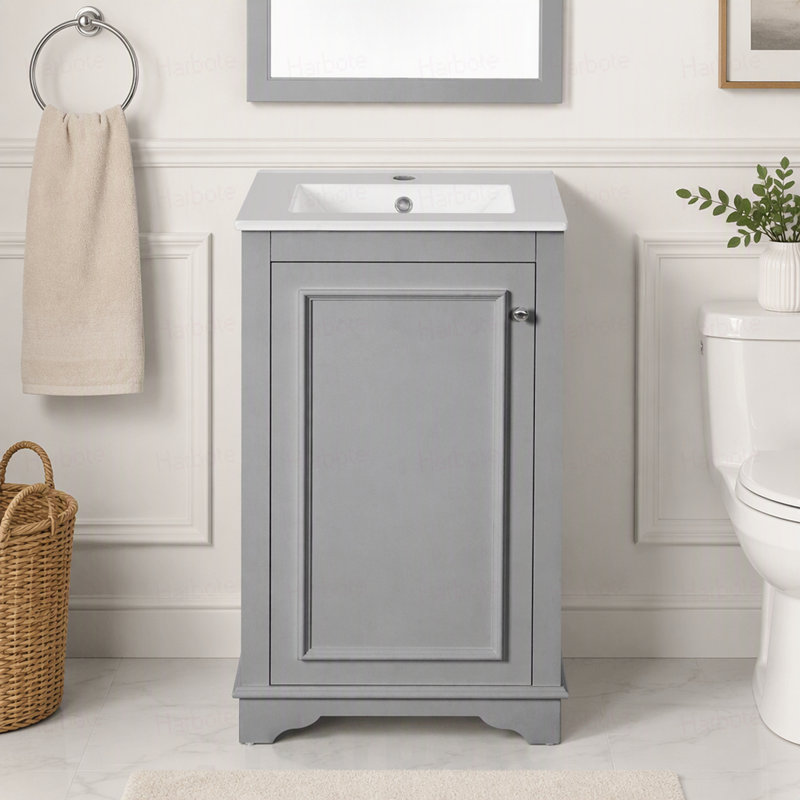 Meuble-lavabo de 20 po avec lavabo en céramique, ensemble de meuble-lavabo simple autoportant avec porte à fermeture douce, tablette réglable, style moderne