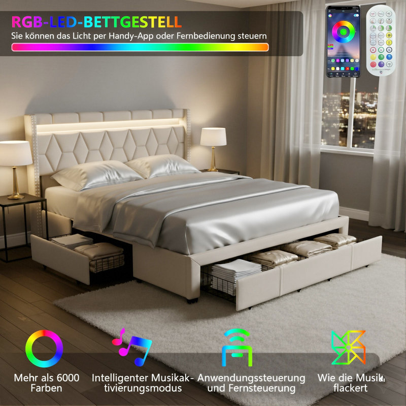 Upholstered Storage Bed, Beige, European Kingsize (160 x 200 cm)