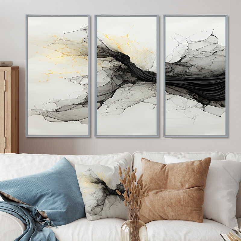 Délicats nuages monochromes - ensemble de salon abstrait à encre liquide, Encadrement argenté, H 40 po x l 60 po x P 1 po