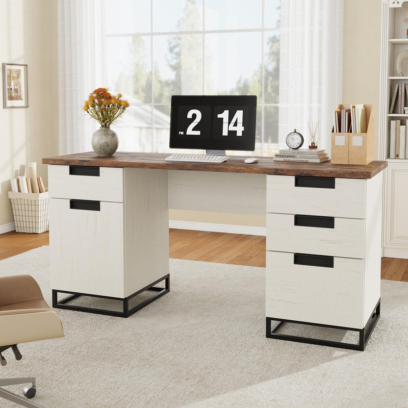 Bureau de direction 59 po, bureau à domicile avec tiroir classeur et armoire de rangement, table d'ordinateur en bois avec 3 tiroirs pour le travail et les études