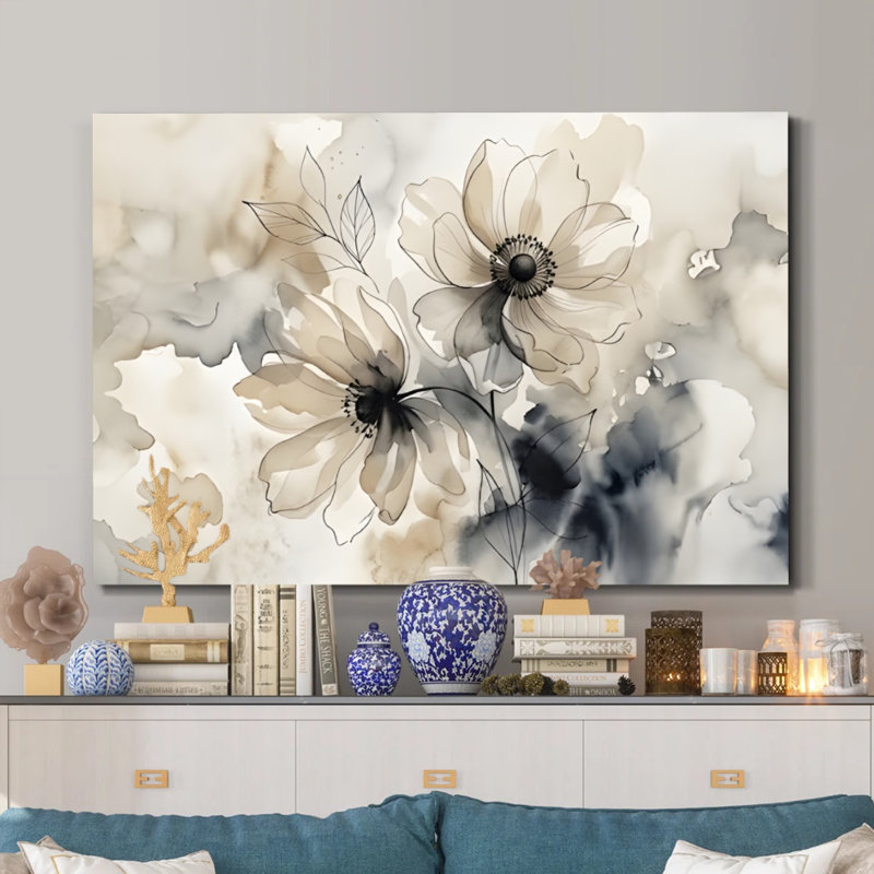 Tableau abstrait floral moderne Zen Ink Blossom sur toile, 61 x 91 cm, impression sur châssis, gris encre et rose, décoration murale zen pour salon, bureau et entrée
