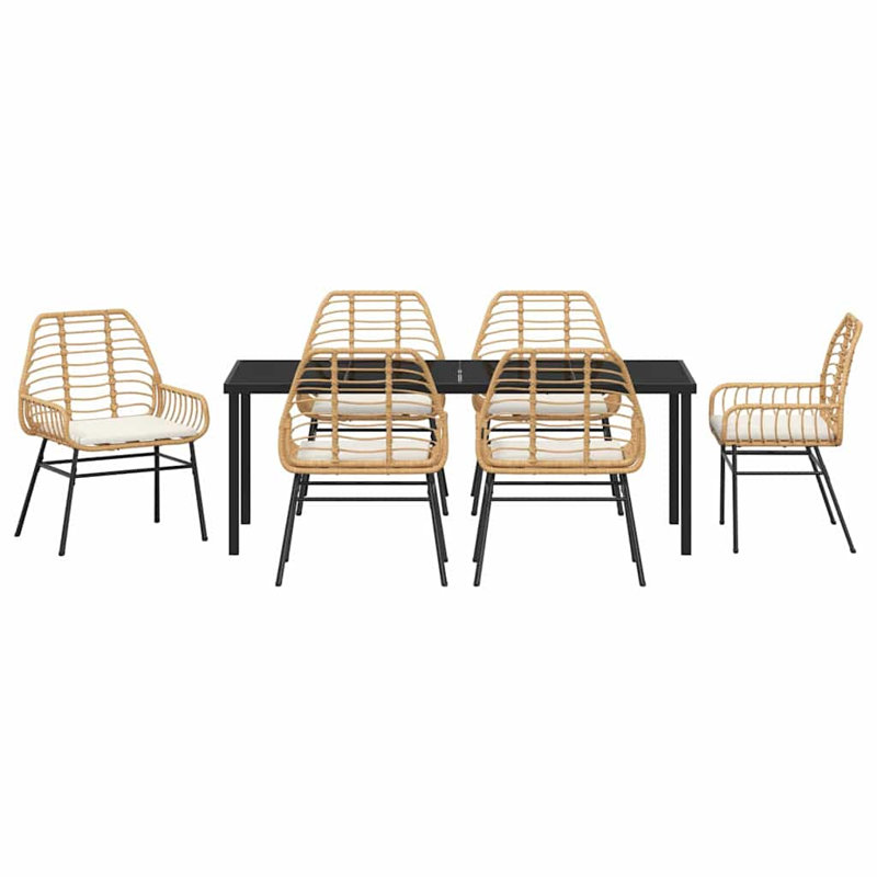  Ensemble de salle à manger de jardin 7 pièces en rotin de polyester brun, Beige Cushion/Natural Frame, 6