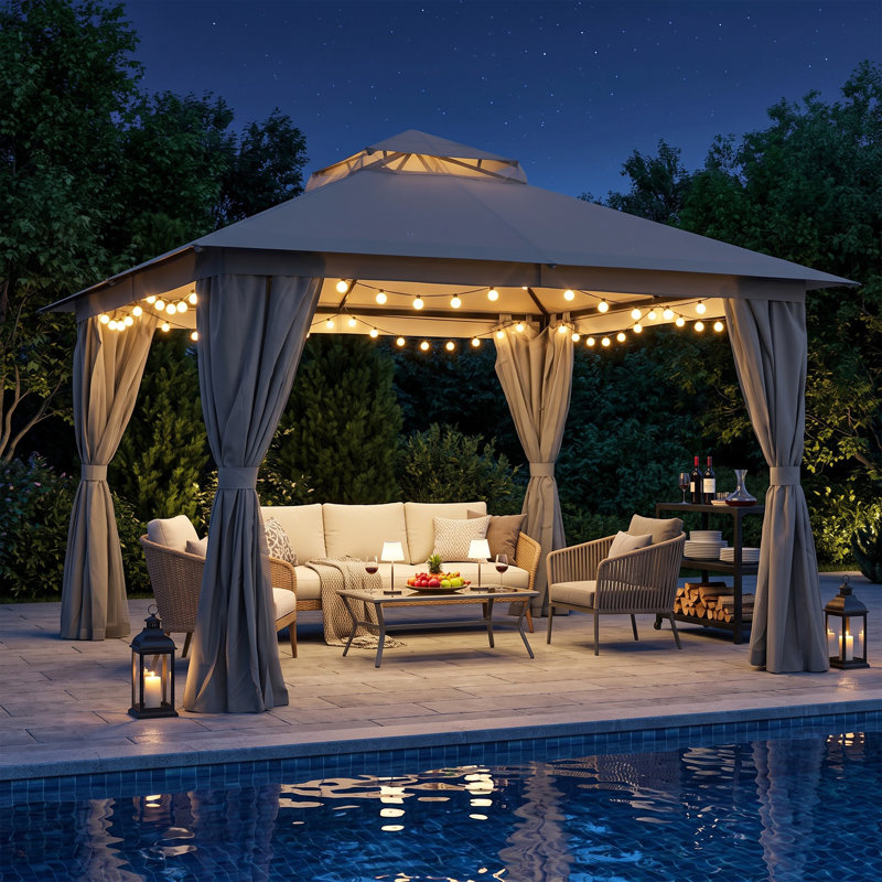 Pavillon de jardin en acier à toit double 12 pi x 12 pi Decksplore, Gris