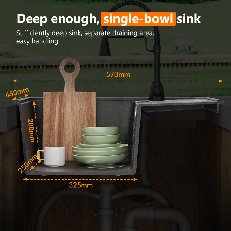 HOROW 450mm Black Quartz Stone Single Bowl Kitchen Sink with Tap Hole