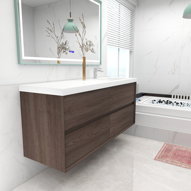 Ensemble de meuble-lavabo mural simple 60 po Moncear, Chêne rouge