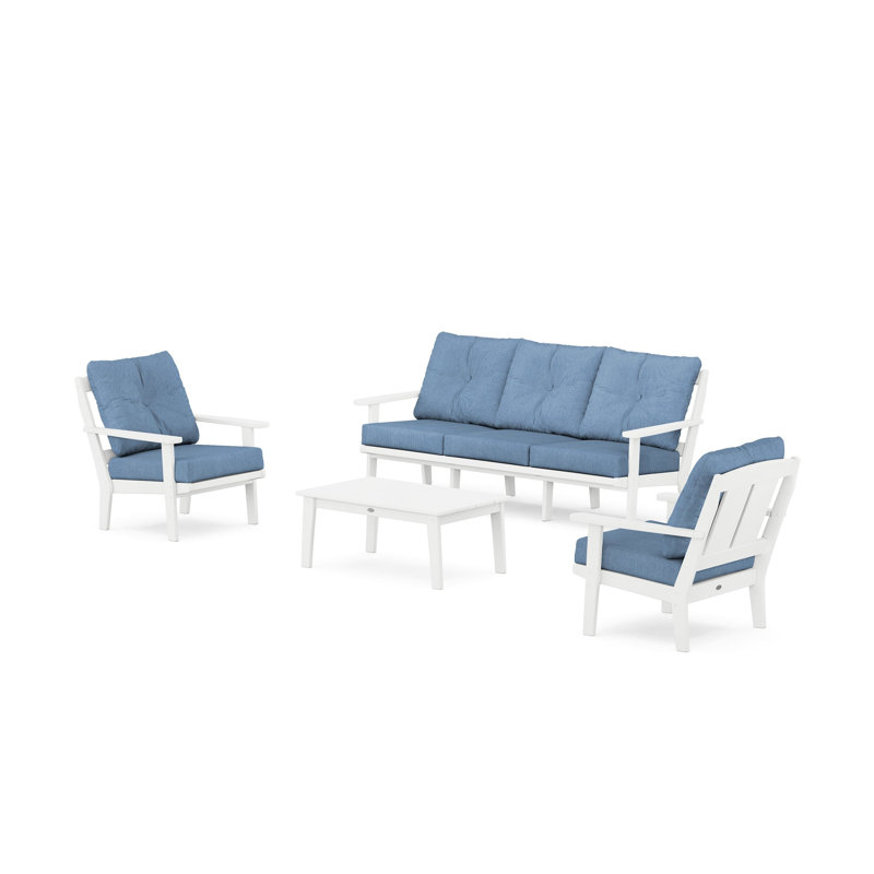 Ensemble de conversation avec canapé et coussins 4 pièces Mission, Blanc, Bleu ciel