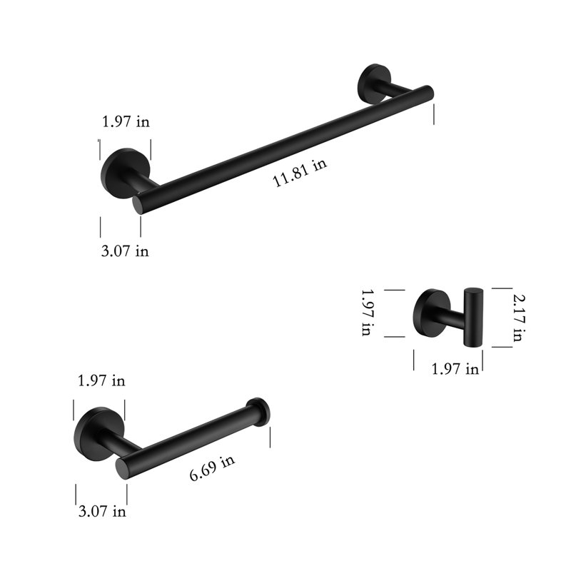 Sus304 Stainless Steel Bathroom Hardware - 3 Pieces Matte Black. Includes Towel Bar, Toilet Paper Holder, Robe Hook. Rustproof, Heavy Duty, Scratch-. Modern Look. Simple Installation. Mounting