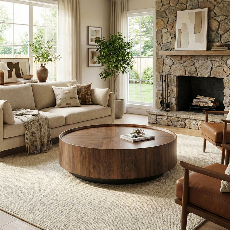 Walnut Round Coffee Table with 2 Hidden Storage Drawers for Living Room or Home Office, 12.6" H x 39.37" W x 39.37" D