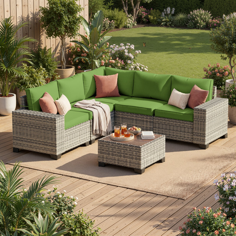 5-Person Outdoor Sectional Sofa Set With All-Weather HDPE Rattan, Cushions, And Wide Armrests, Lime Green