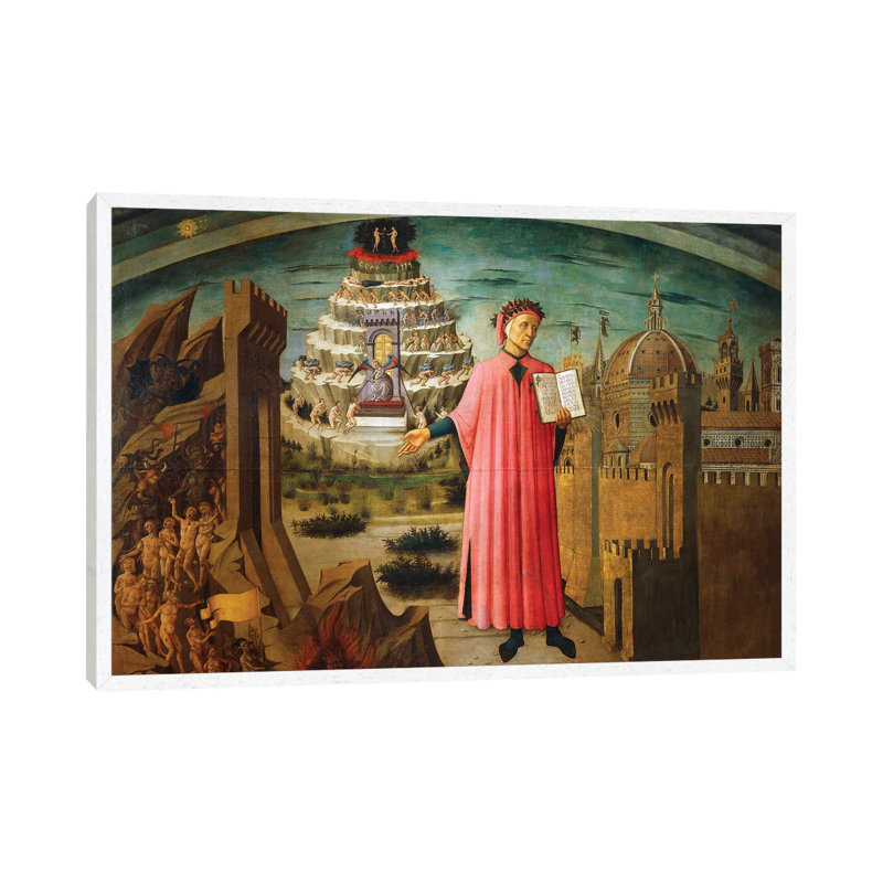 Divine Comedy, 1465 by Domenico Di Michelino - Painting on Canvas, 66.04cm H x 101.6cm W x 3.81cm D, White Framed