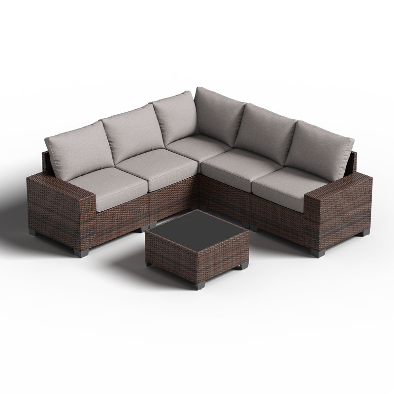6 Pieces Outdoor Patio Furniture Set, With Cushions And Glass Coffee Table, Pe Rattan Outdoor Wicker Sectional Furniture Sofa Set