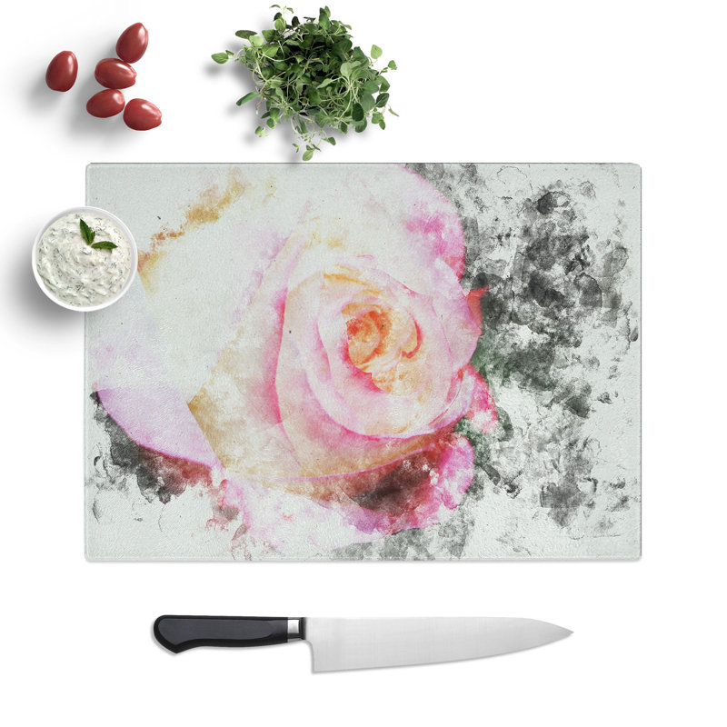 Tempered Glass Pink Tipped Rose Chopping Board, 28.5 cm x 39 cm