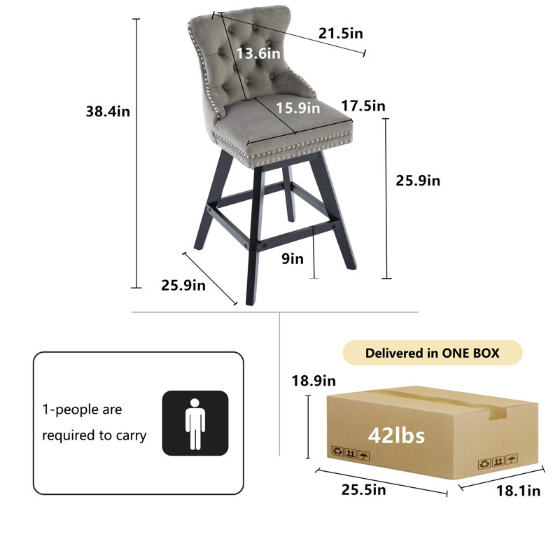 Ensemble de 8 tabourets de bar en bois touffeté et pivotant en velours, Gris