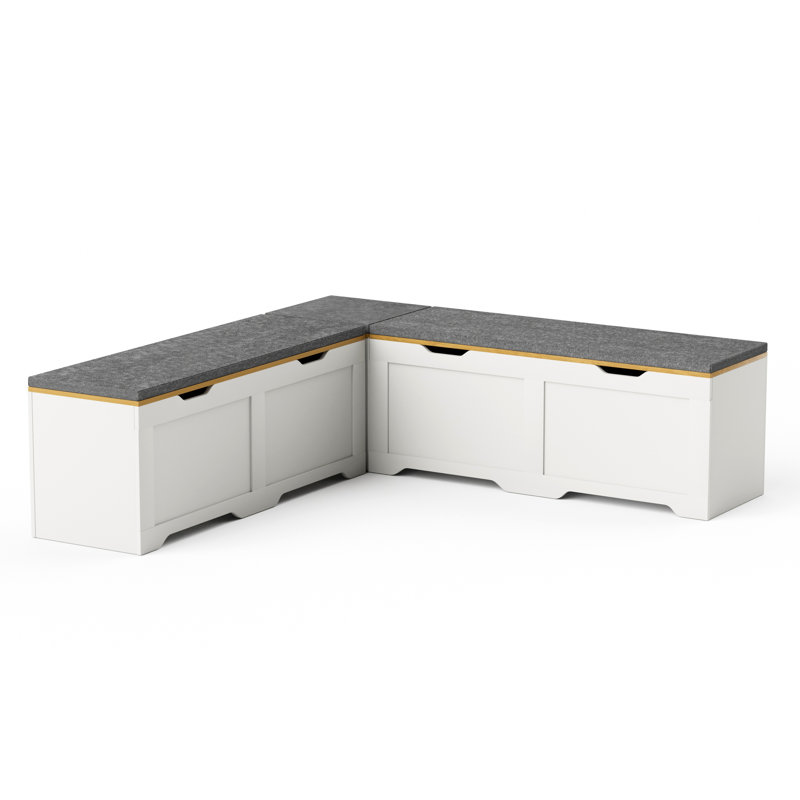 Banc de rangement multifonctionnel en forme de L 3 pièces avec coussin - Finition blanche et naturelle, banc de coin de cuisine, boîte de rangement pour jouets, siège de coin lecture, design minimaliste moderne (l 63 po x l 63 po x L 19,1 po)