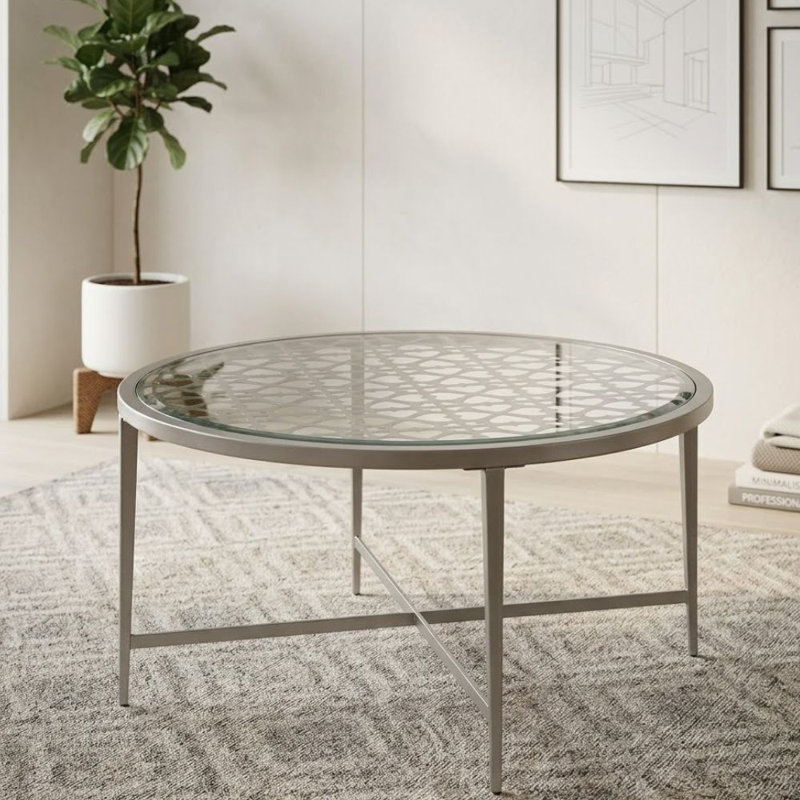 Aciamae 33 po Table basse ronde en verre argenté avec motif décoratif et base en forme de X