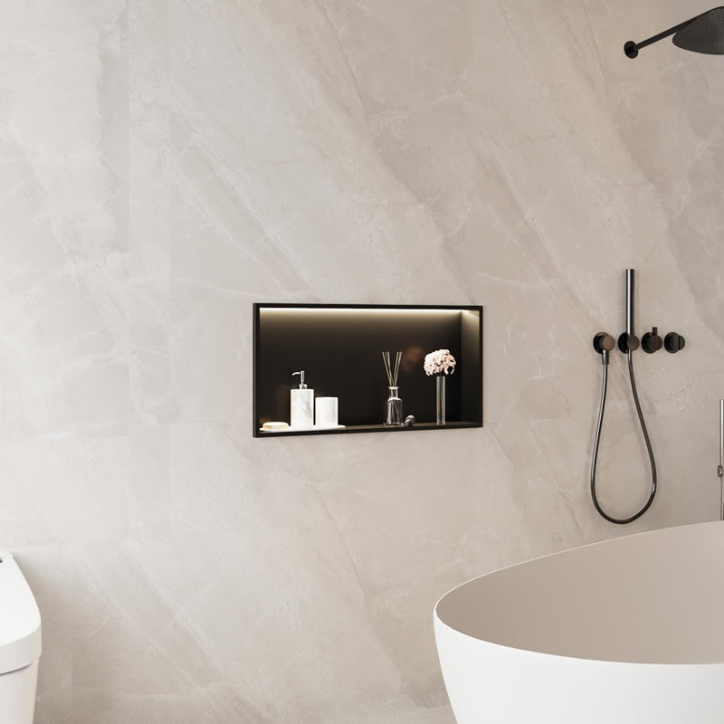 Niche de douche à DEL 24 po x 12 po avec lumière chaude - niche murale encastrée en acier inoxydable, tablette de douche sans carrelage nécessaire avec éclairage DEL, insert de rangement de salle de bain noir mat