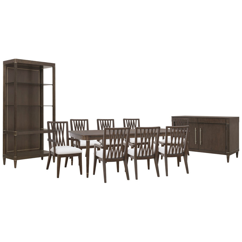 Table de salle à manger à pieds avec 8 fauteuils à dossier en bois et étagère, 11 pièces: table, 8 chaises, desserte, étagère