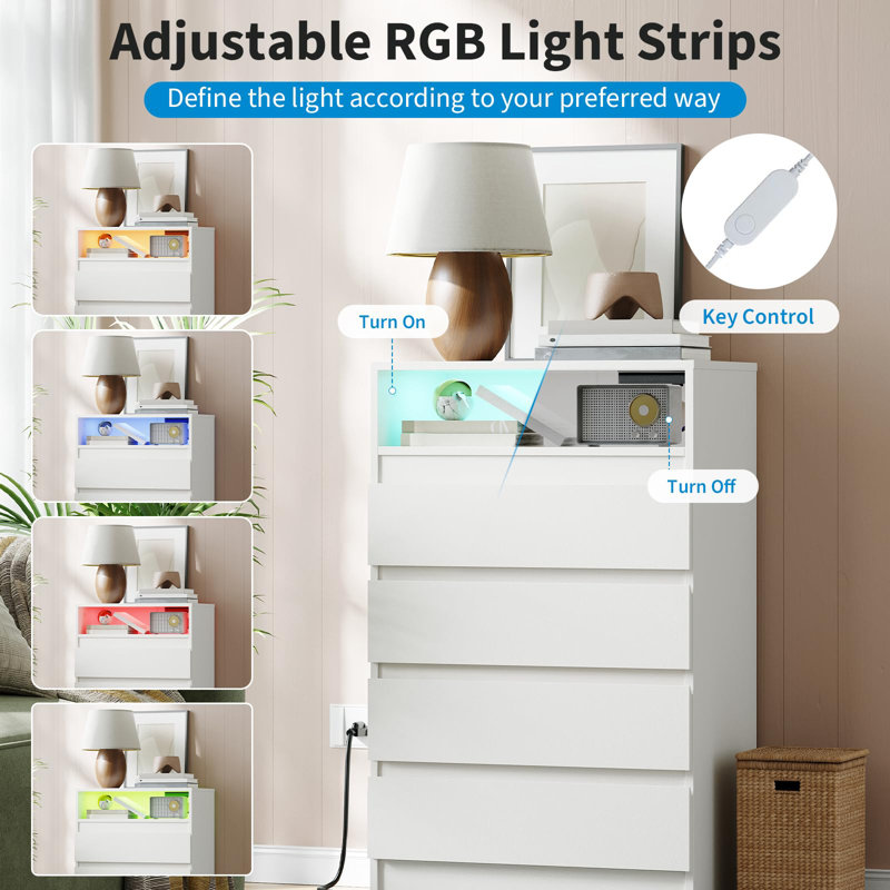 4 Drawer Dresser with Charging Station & LED Lights, Modern Chest with Power Outlets for Bedroom, White