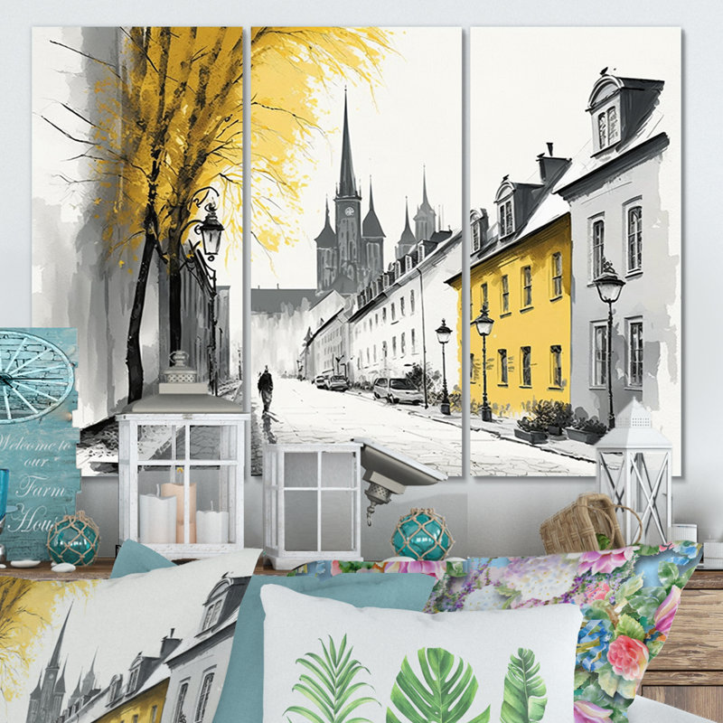 «Old Québec Cityscape I», reproduction sur toile 3 pièces, H 32 po x l 48 po x P 1 po, Toile tendue