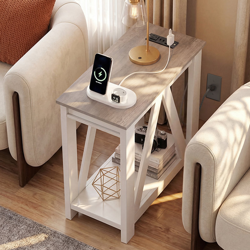 Huspon 24" End Table With Charging Station And Storage Shelf, Farmhouse Sofa Small Side Table With 2 USB Ports And 2 Power Outlets