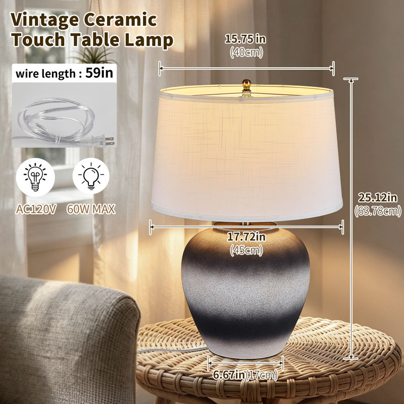 Lampe de table en céramique de 63,5 cm (25 po) de hauteur, lampe de chevet tactile à intensité variable avec ampoule E26 incluse