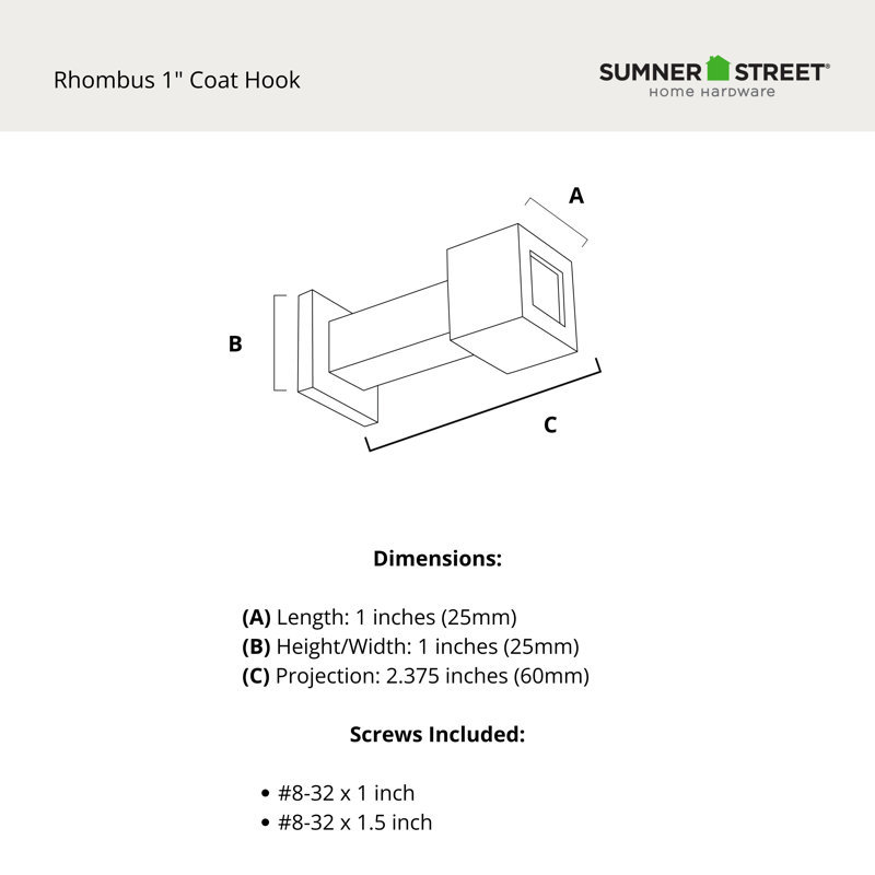 Rhombus 1" Satin Nickel Coat Hook, Satin Nickel