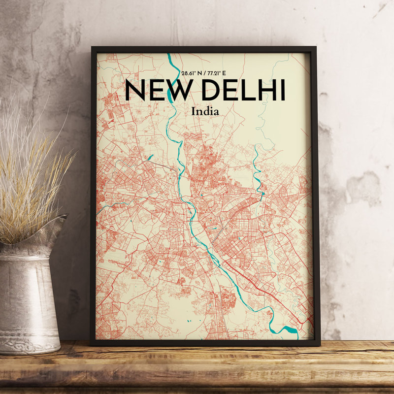 « new delhi city map », reproduction d’impression sur affiche en tricolore, H 27,6 po x l 19,7 po x P 0,05 po