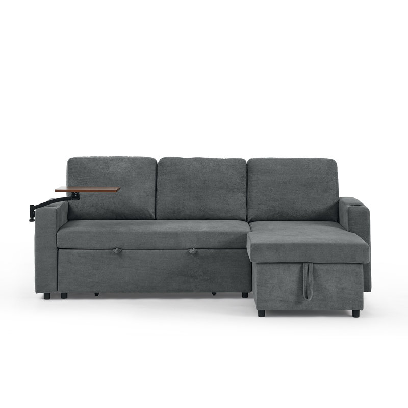 Canapé-lit moderne en chenille multifonctionnel avec table rétractable et éclairage DEL, ports de chargement USB et porte-gobelets