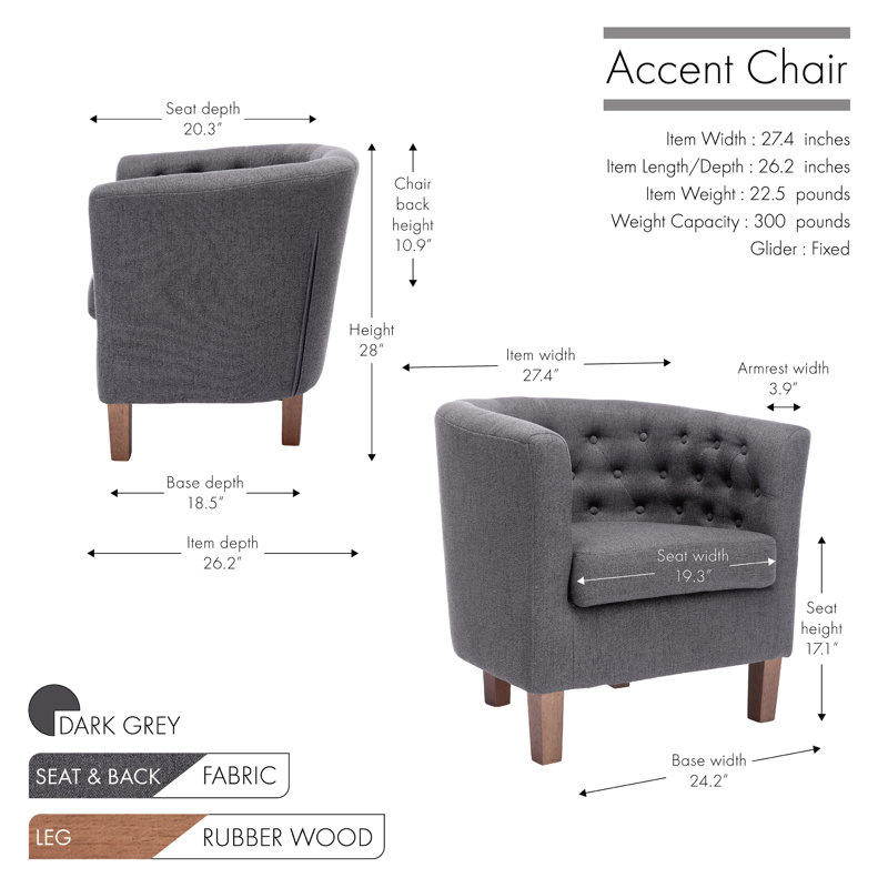 Cecille Barrel Accent Chair with Rubberwood Legs, Dark Grey