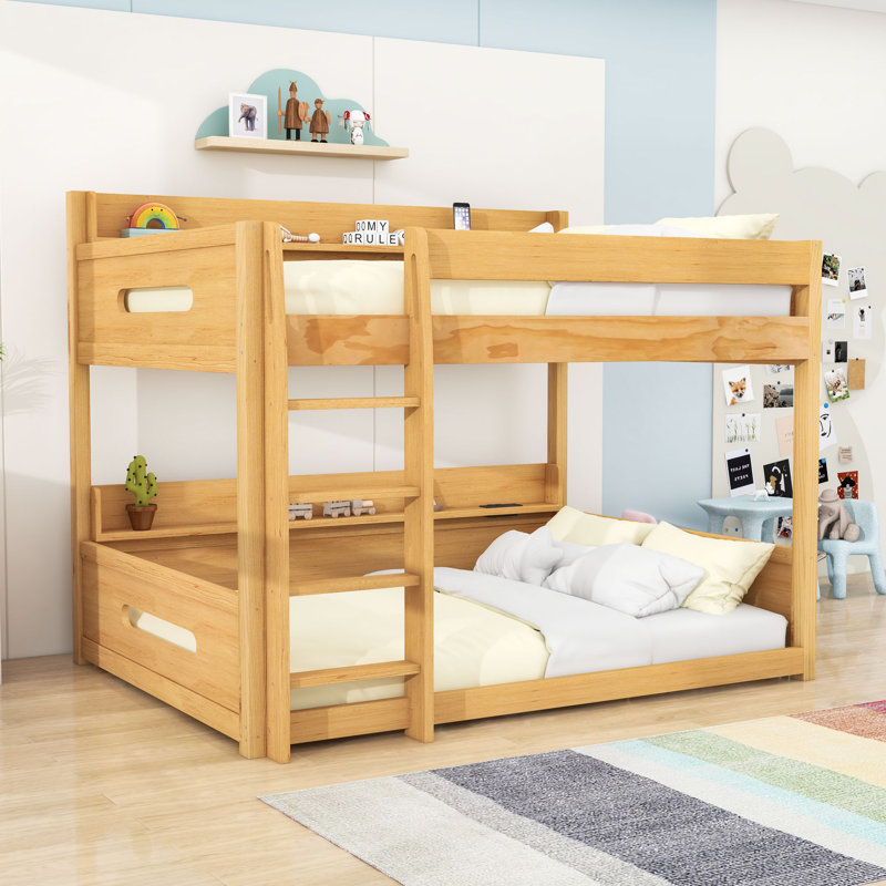 Queen Over Queen Wood Bunk Bed with Shelves and USB Charging Ports, Wood
