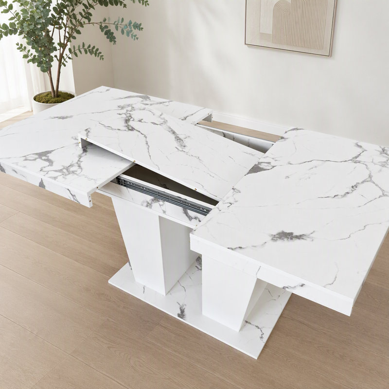Table de salle à manger extensible pour table de cuisine extensible en bois de faux marbre blanc moderne 6-10 avec base à double colonne, grande table de salle à manger rectangulaire (table seulement)