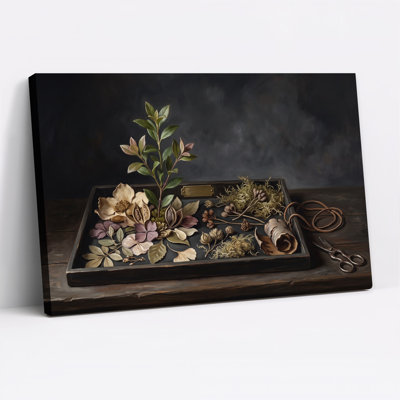 Art mural sur toile avec plateau botanique en bois avec fleurs séchées et feuilles