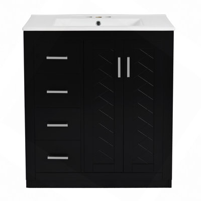 Ensemble de meuble-lavabo 30 po avec lavabo en céramique, armoire de rangement en bois massif, ensemble de meuble-lavabo autoportant avec 3 tiroirs et portes à fermeture douce