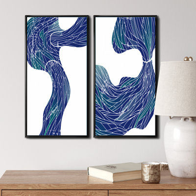 Ensemble de 2 reproductions de vagues abstraites rétro bleu foncé I